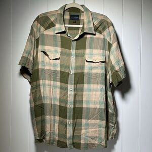 Lucky Brand Western Shirt Plaid Pearl Snap Short Sleeve Men's XXL Green & Cream